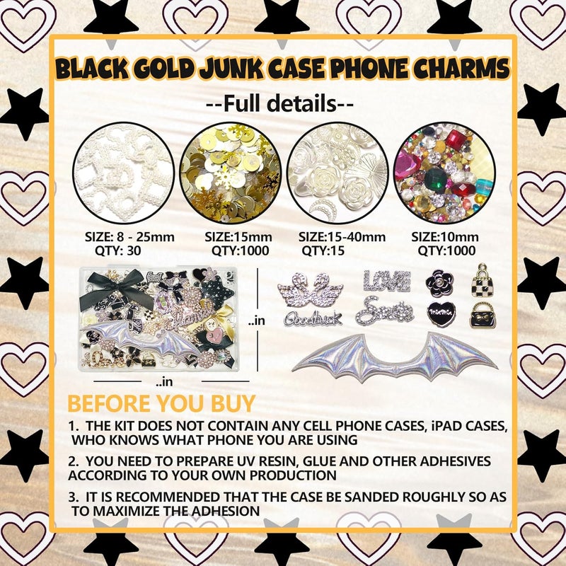 Wovelli 2430 PCS Junk Phone Case Making Kit: Black Gold Charms Resin Flatback Pearls Rhinestone Letters for Y2K Phone Case,Nail Bling Charm, Decorating Kit for Girls Adults - Image 3